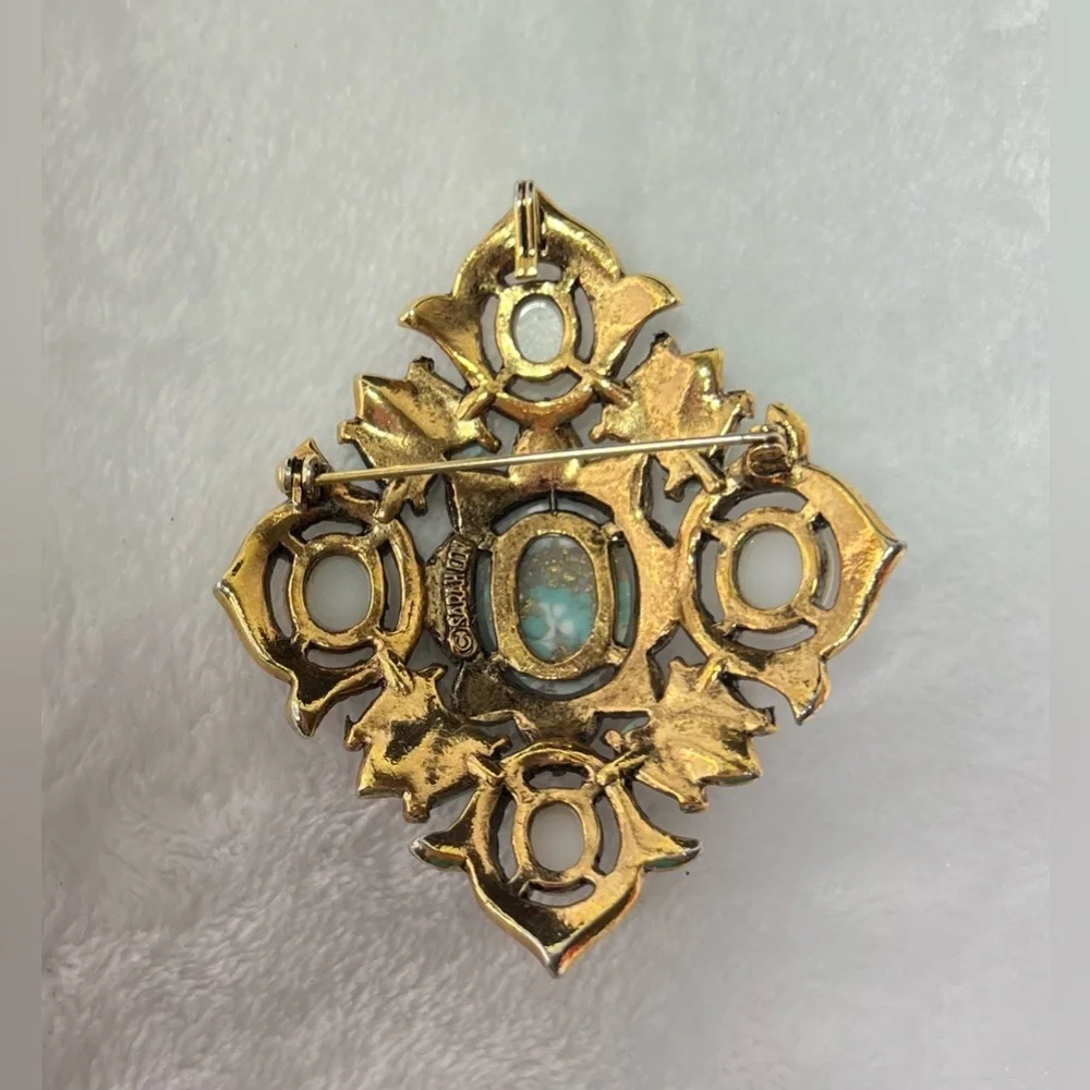 Vintage Sarah Coventry Remembrance Goldtone Faux Turquoise and Pearl Brooch